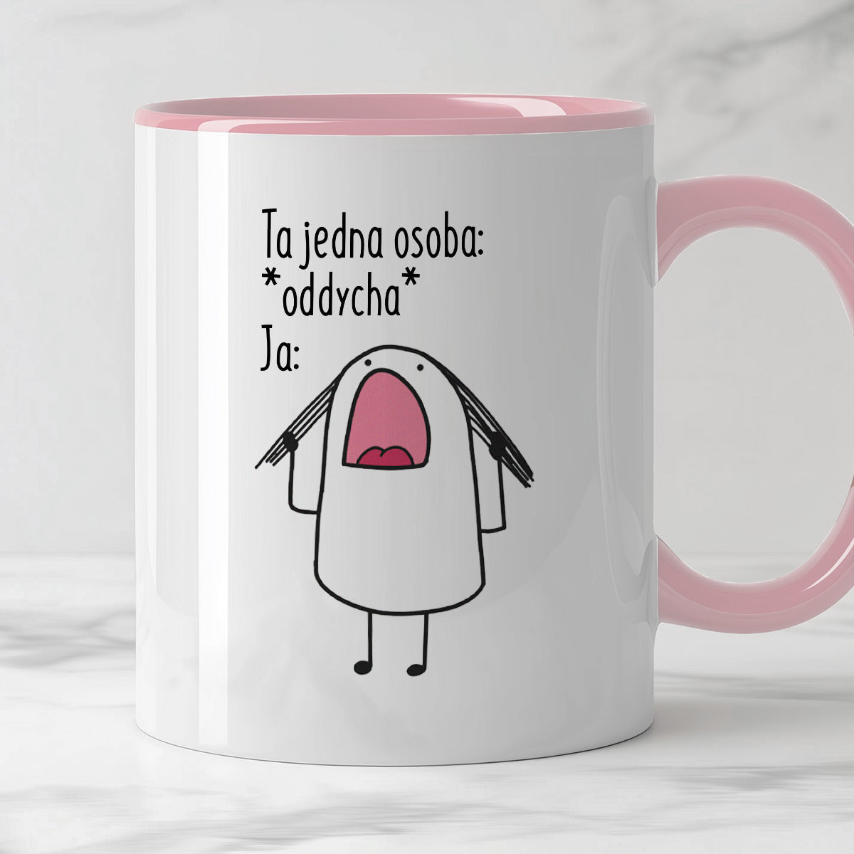 Kubek z nadrukiem "Ta jedna osoba: *oddycha* Ja:"