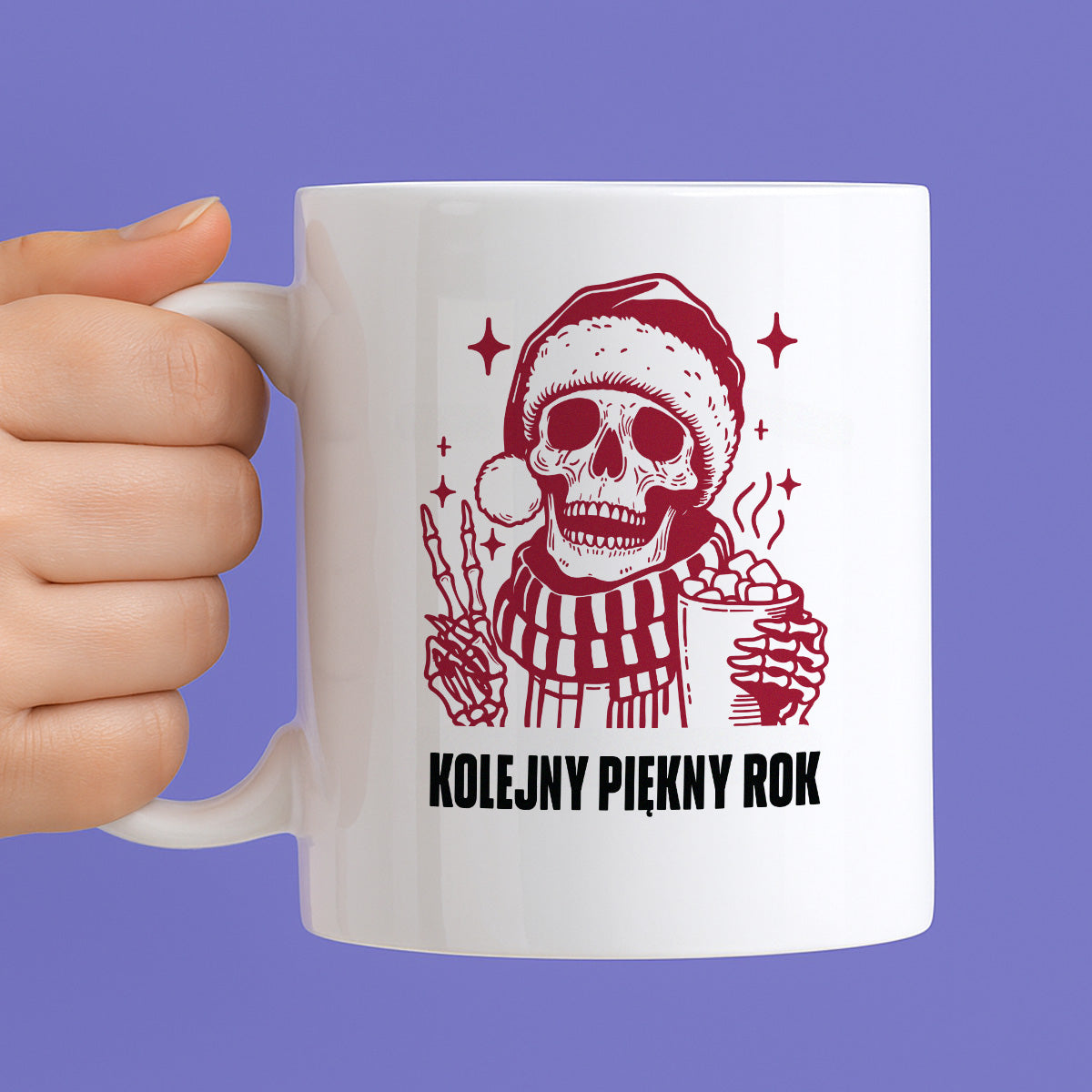 Kubek świąteczny z kościotrupem z gorącą czekoladą w ręku "Kolejny piękny rok"
