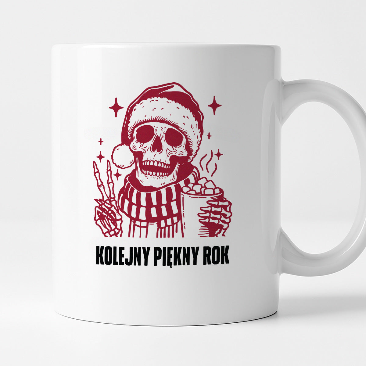 Kubek świąteczny z kościotrupem z gorącą czekoladą w ręku "Kolejny piękny rok"