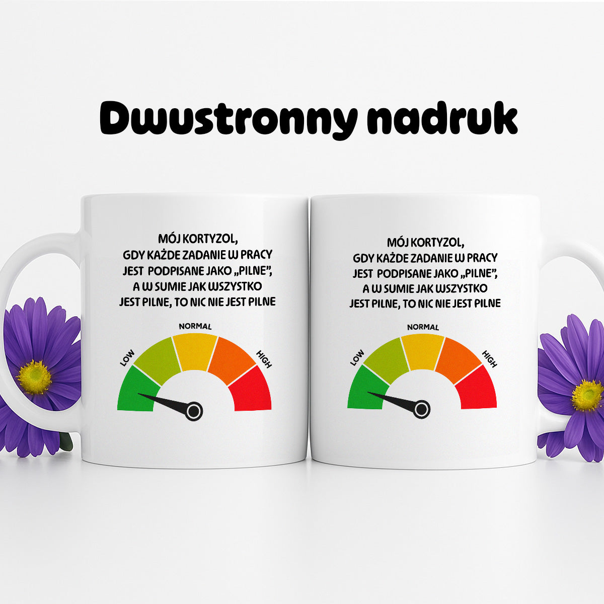 Kubek z nadrukiem - "Mój kortyzol, gdy każde zadanie w pracy jest  podpisane jako „PILNE”,  a w sumie jak wszystko jest pilne, to nic nie jest pilne"
