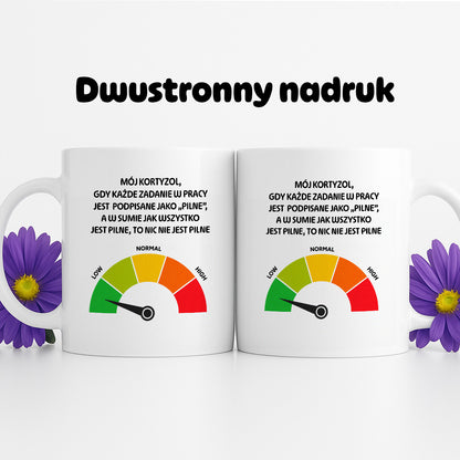 Kubek z nadrukiem - "Mój kortyzol, gdy każde zadanie w pracy jest  podpisane jako „PILNE”,  a w sumie jak wszystko jest pilne, to nic nie jest pilne"