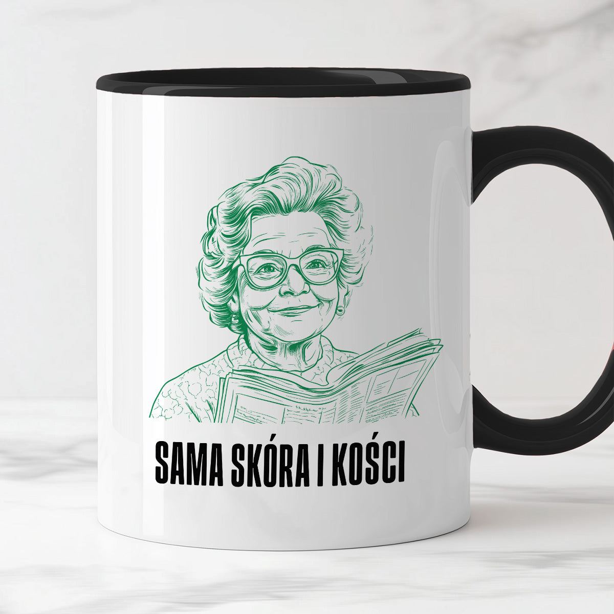 Kubek z cytatem Babci "Sama skóra i kości"