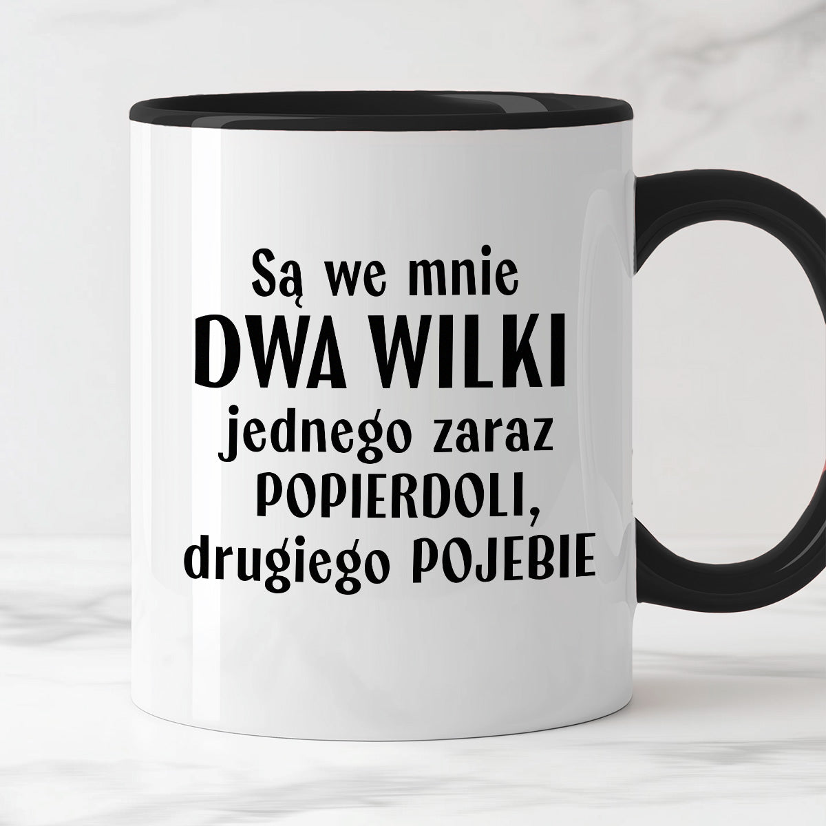 Kubek z nadrukiem "Mam w sobie DWA WILKI jednego zaraz popierdoli, drugiego pojebie"