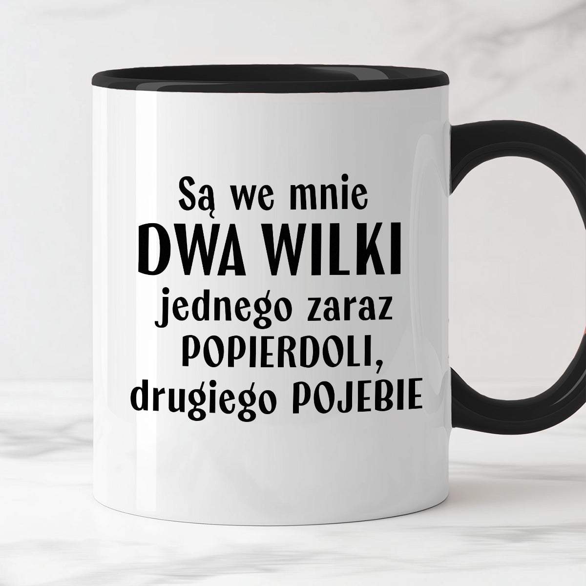Kubek z nadrukiem "Mam w sobie DWA WILKI jednego zaraz popierdoli, dru