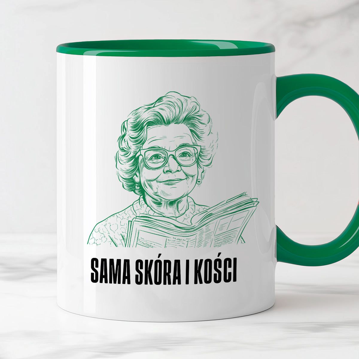 Kubek z cytatem Babci "Sama skóra i kości"