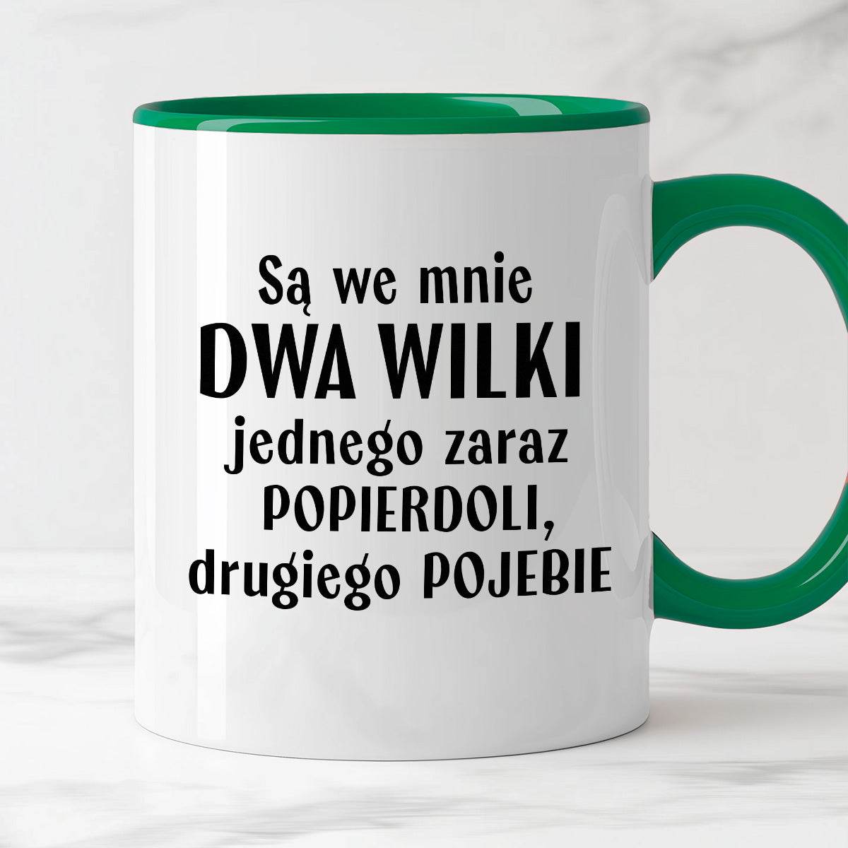 Kubek z nadrukiem "Mam w sobie DWA WILKI jednego zaraz popierdoli, dru