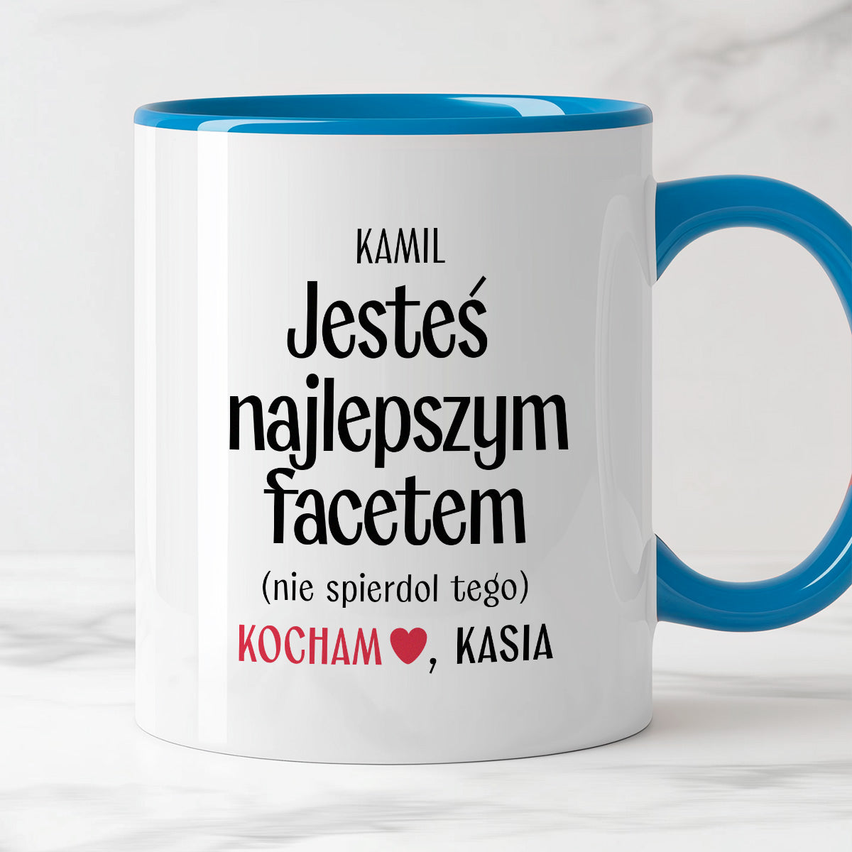 Kubek spersonalizowany z nadrukiem "Jesteś najlepszym facetem (nie spierdol tego)" [2 imiona] - WALENTYNKI