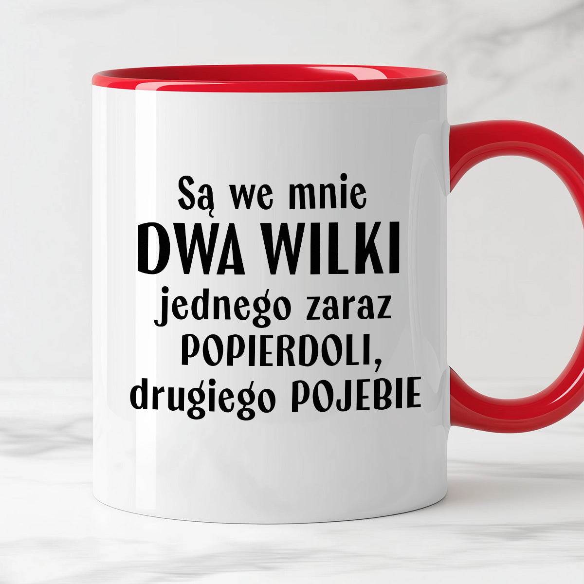 Kubek z nadrukiem "Mam w sobie DWA WILKI jednego zaraz popierdoli, dru