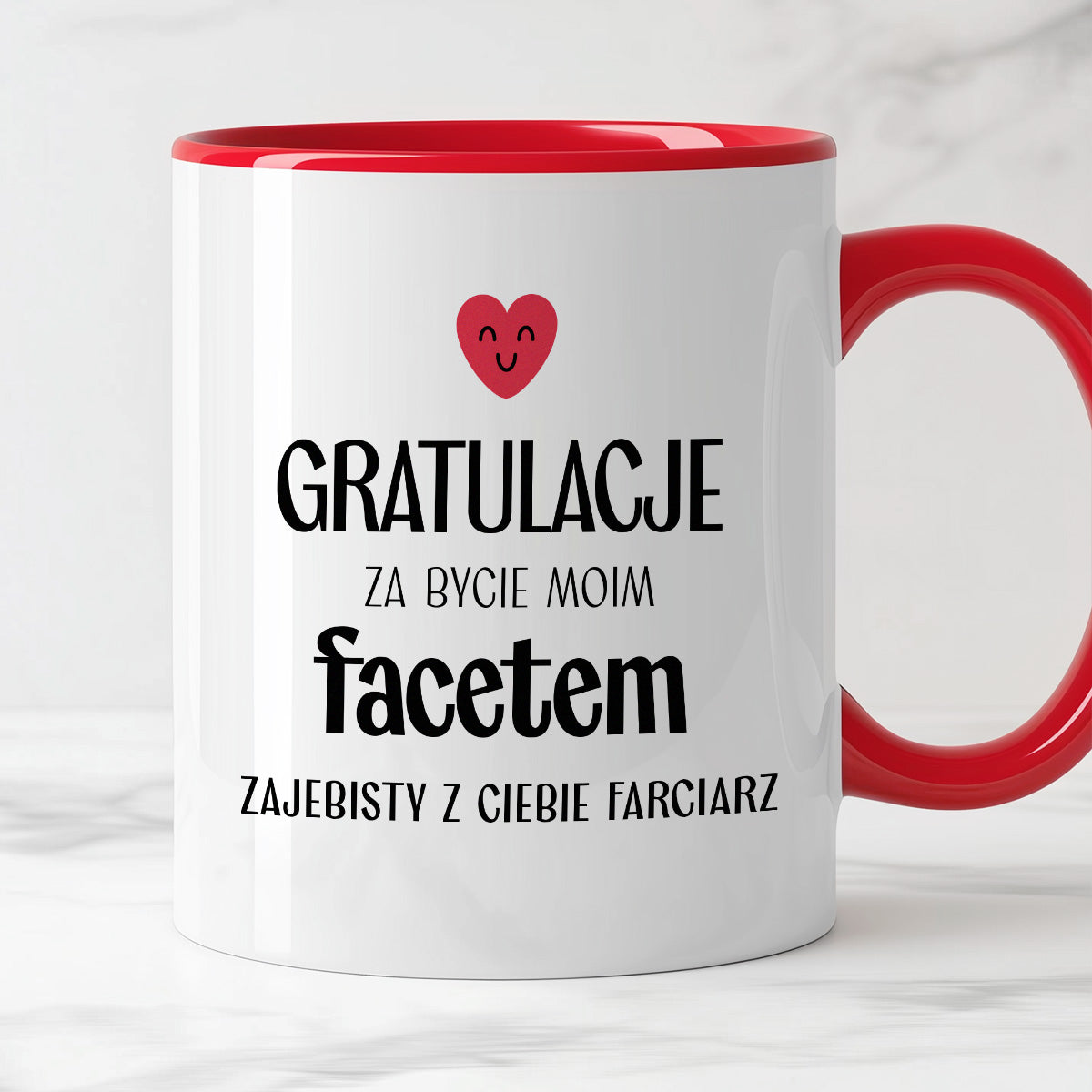 Kubek z nadrukiem "Gratulacje za bycie moim facetem - zajebisty z Ciebie farciarz" - WALENTYNKI