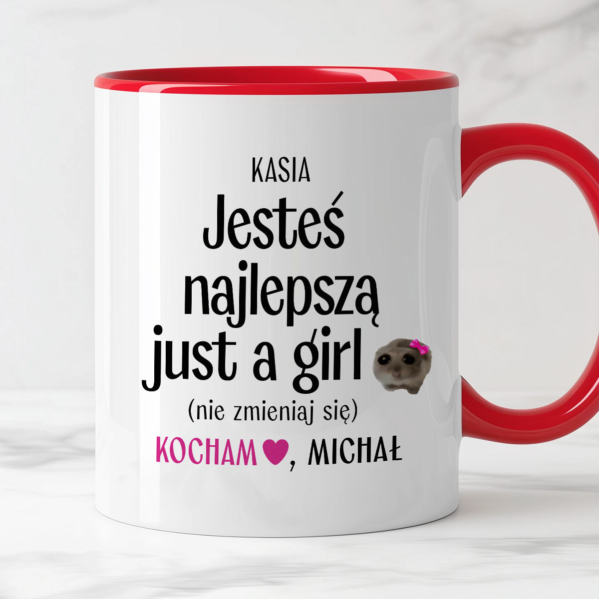 Kubek spersonalizowany z nadrukiem "Jesteś najlepszą just a girl (nie zmieniaj się)" [2 imiona] - WALENTYNKI