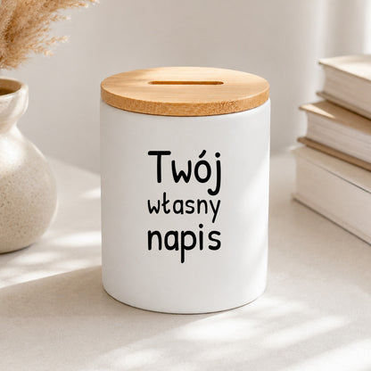 SKARBONKA ceramiczna z bambusowym wieczkiem - własny napis
