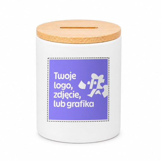 SKARBONKA ceramiczna z bambusowym wieczkiem - własna grafika, logo, zdjęcie