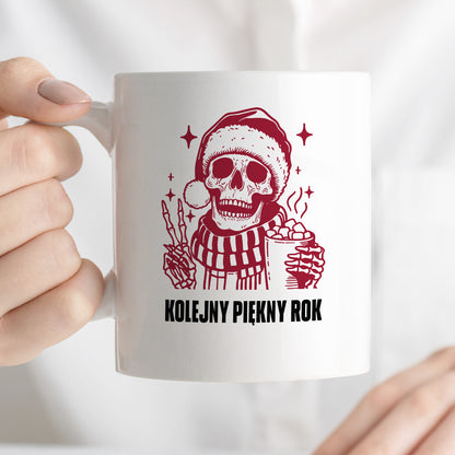 Kubek świąteczny z kościotrupem z gorącą czekoladą w ręku "Kolejny piękny rok"