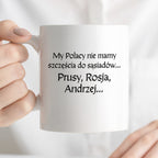 Kubek z nadrukiem "My Polacy nie mamy szczęścia do sąsiadów - Prusy, Rosja, Andrzej..." v2