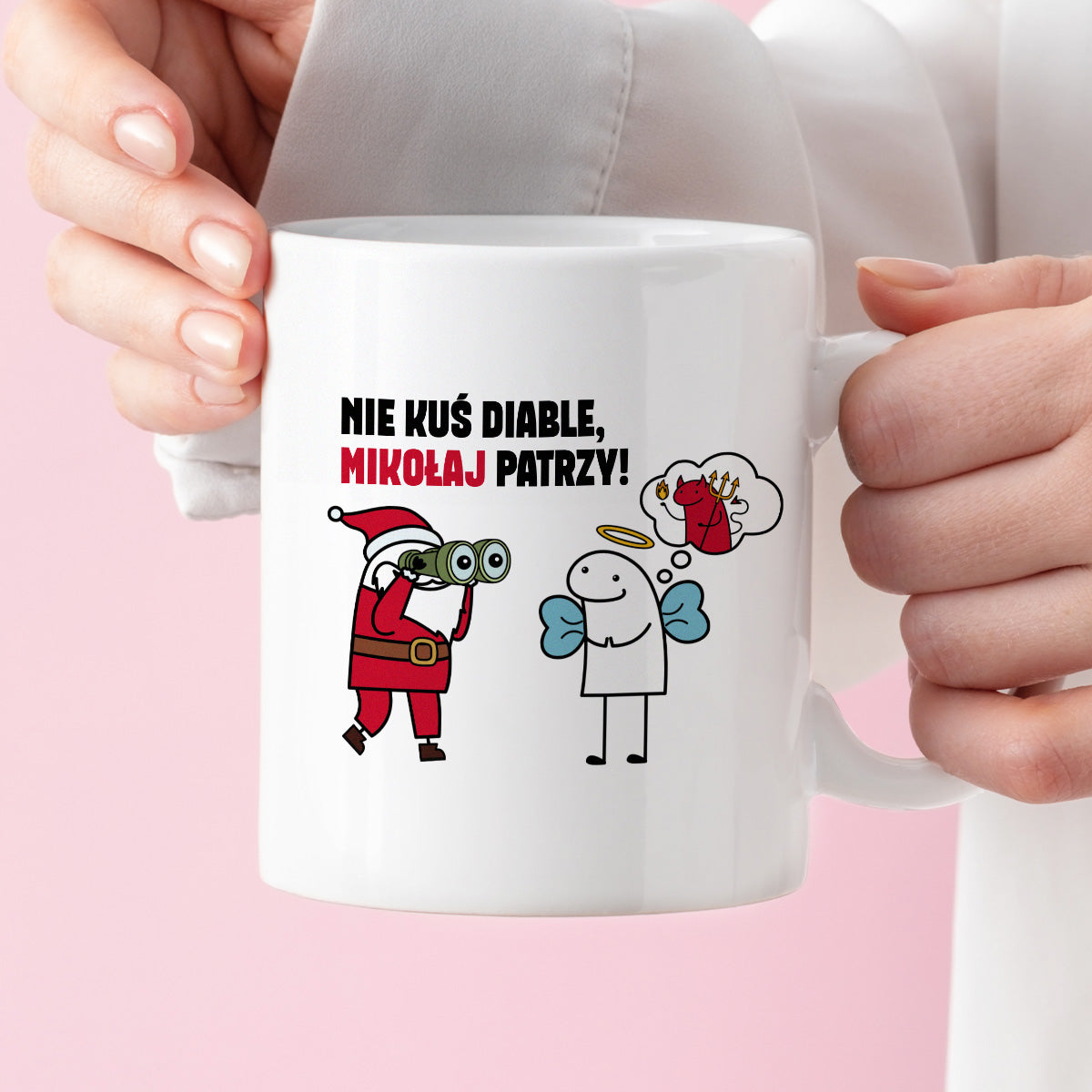 Kubek świąteczny mem "Nie kuś diable, Mikołaj patrzy"