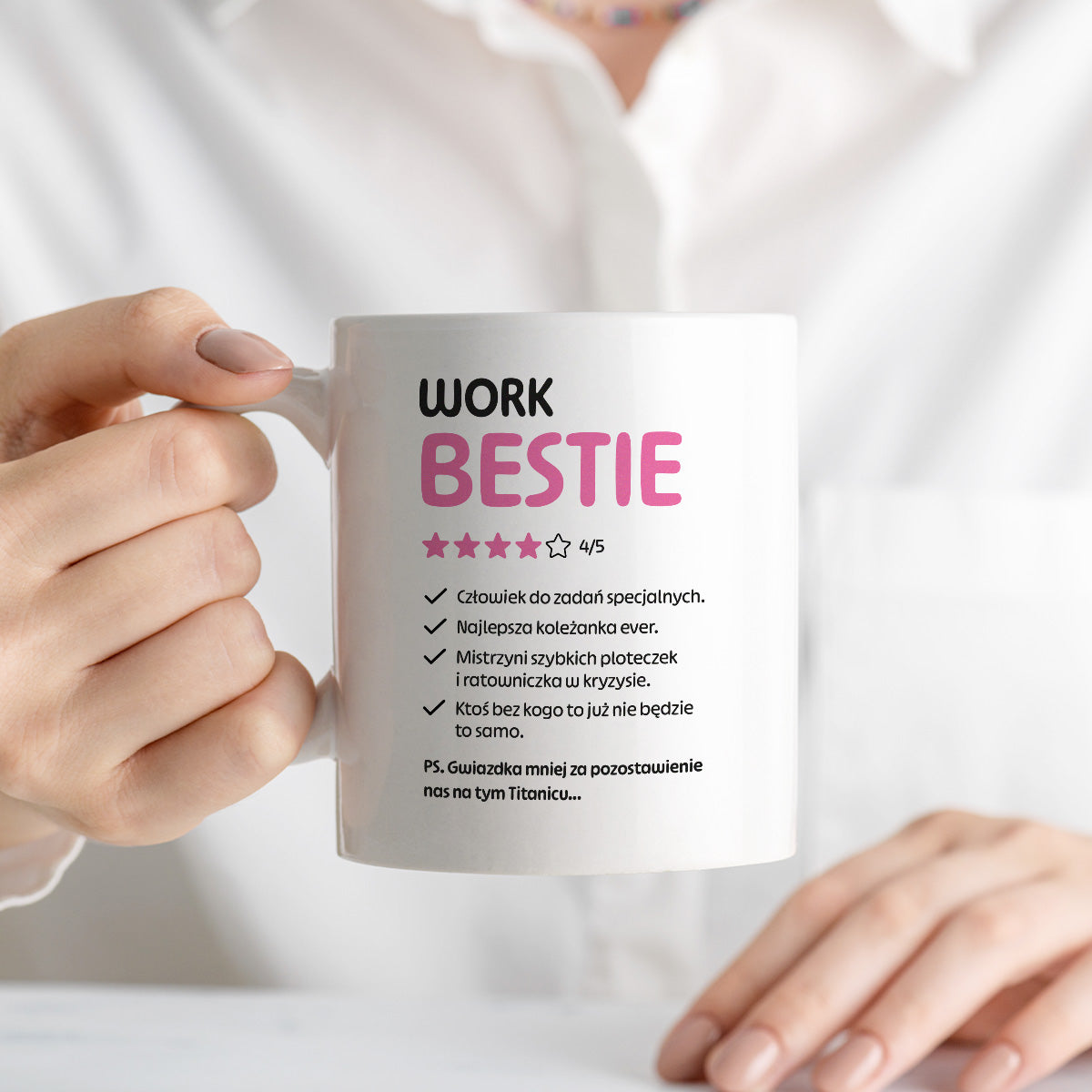Kubek z nadrukiem "Work Bestie" na odejście z pracy