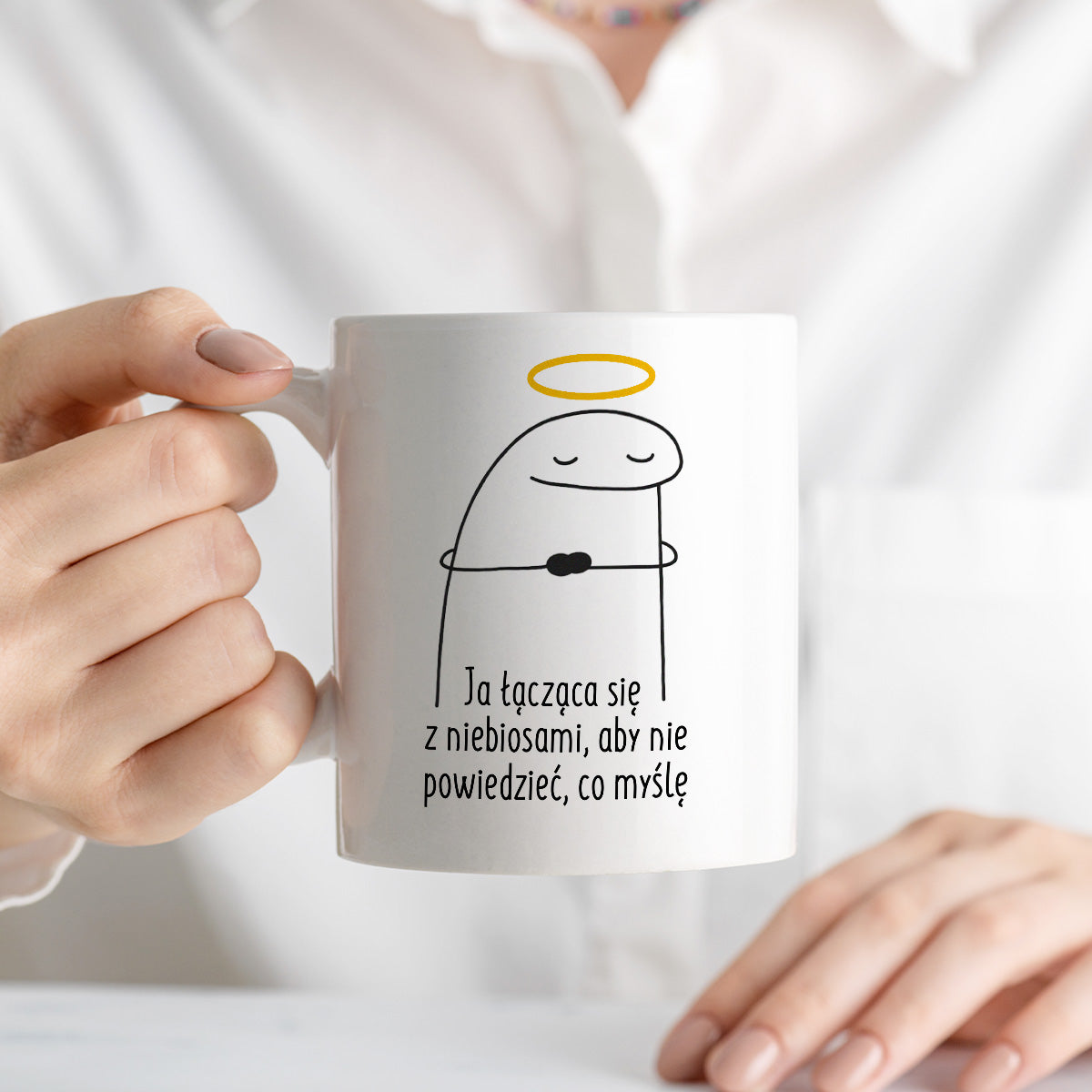 Kubek z nadrukiem "Ja łącząca się  z niebiosami, aby nie powiedzieć, co myślę"