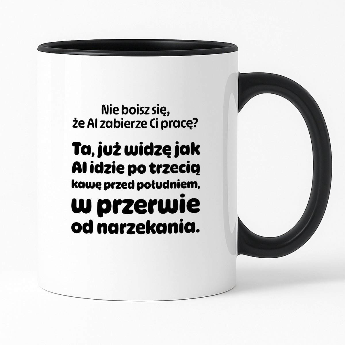 Kubek z nadrukiem - "Nie boisz się, że AI zabierze Ci pracę?"