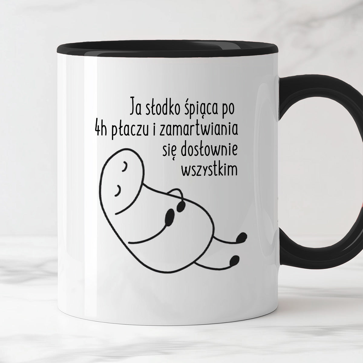 Kubek z nadrukiem "Ja słodko śpiąca po 4h płaczu i zamartwiania się dosłownie wszystkim"