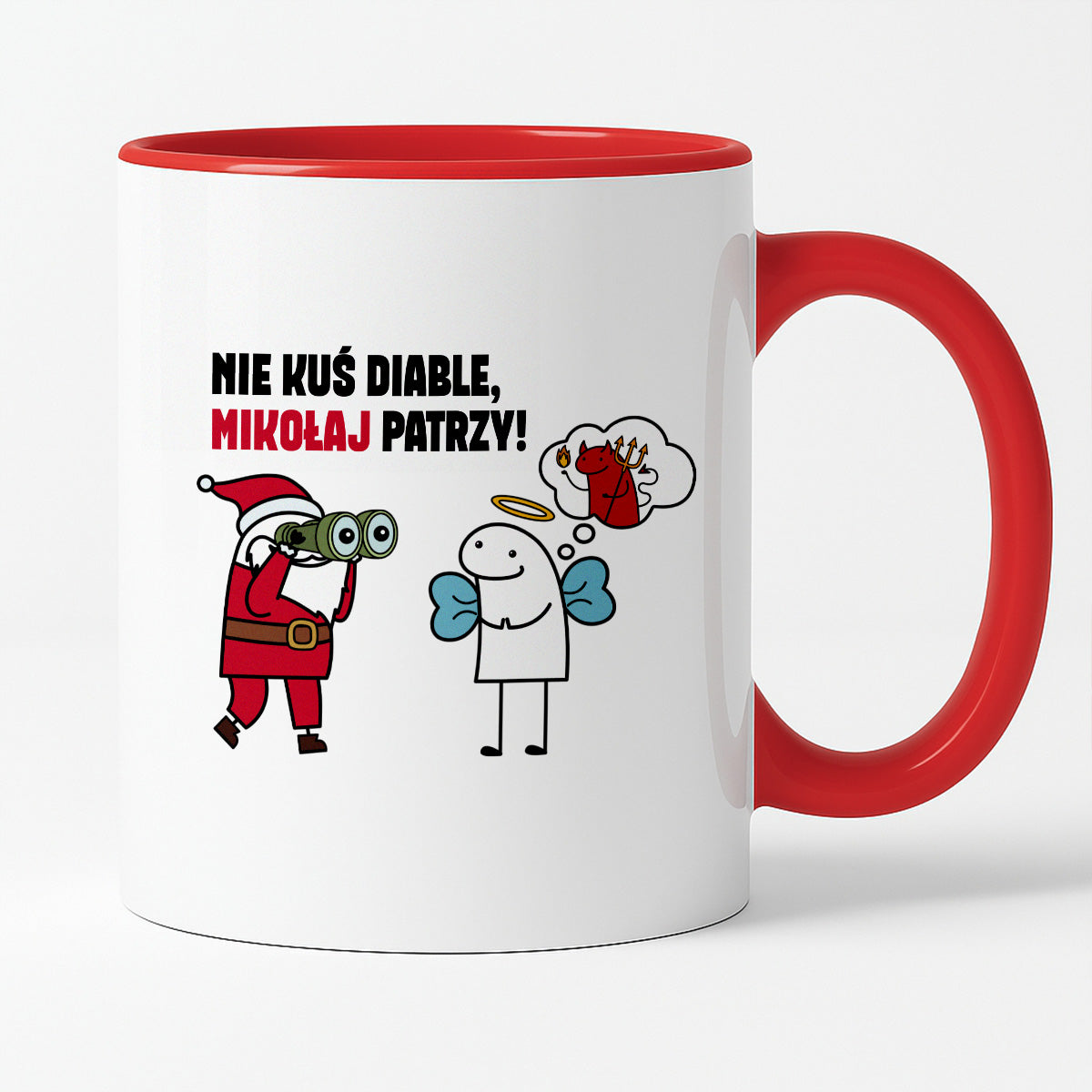 Kubek świąteczny mem "Nie kuś diable, Mikołaj patrzy"