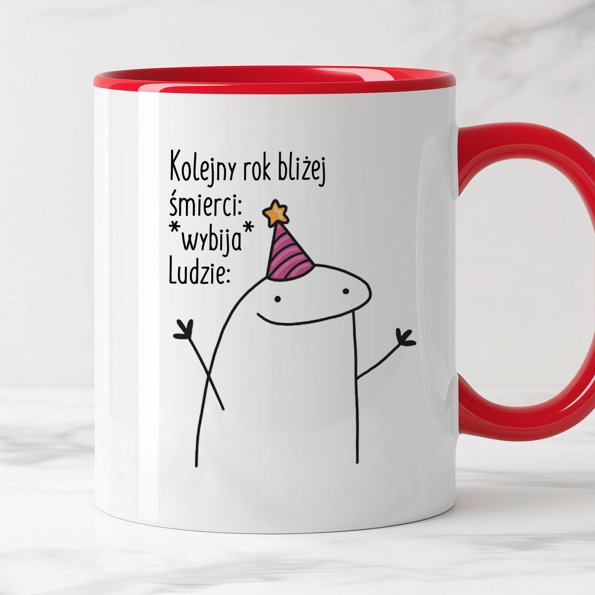 Kubek z nadrukiem "Kolejny rok bliżej śmierci: *wybija* Ludzie:"