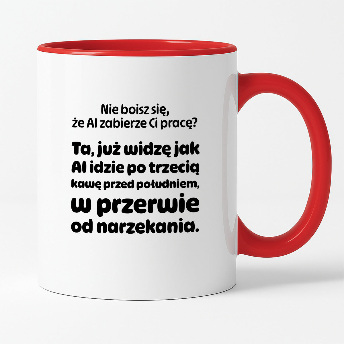 Kubek z nadrukiem - "Nie boisz się, że AI zabierze Ci pracę?"