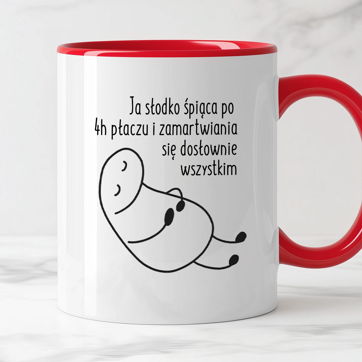 Kubek z nadrukiem "Ja słodko śpiąca po 4h płaczu i zamartwiania się dosłownie wszystkim"
