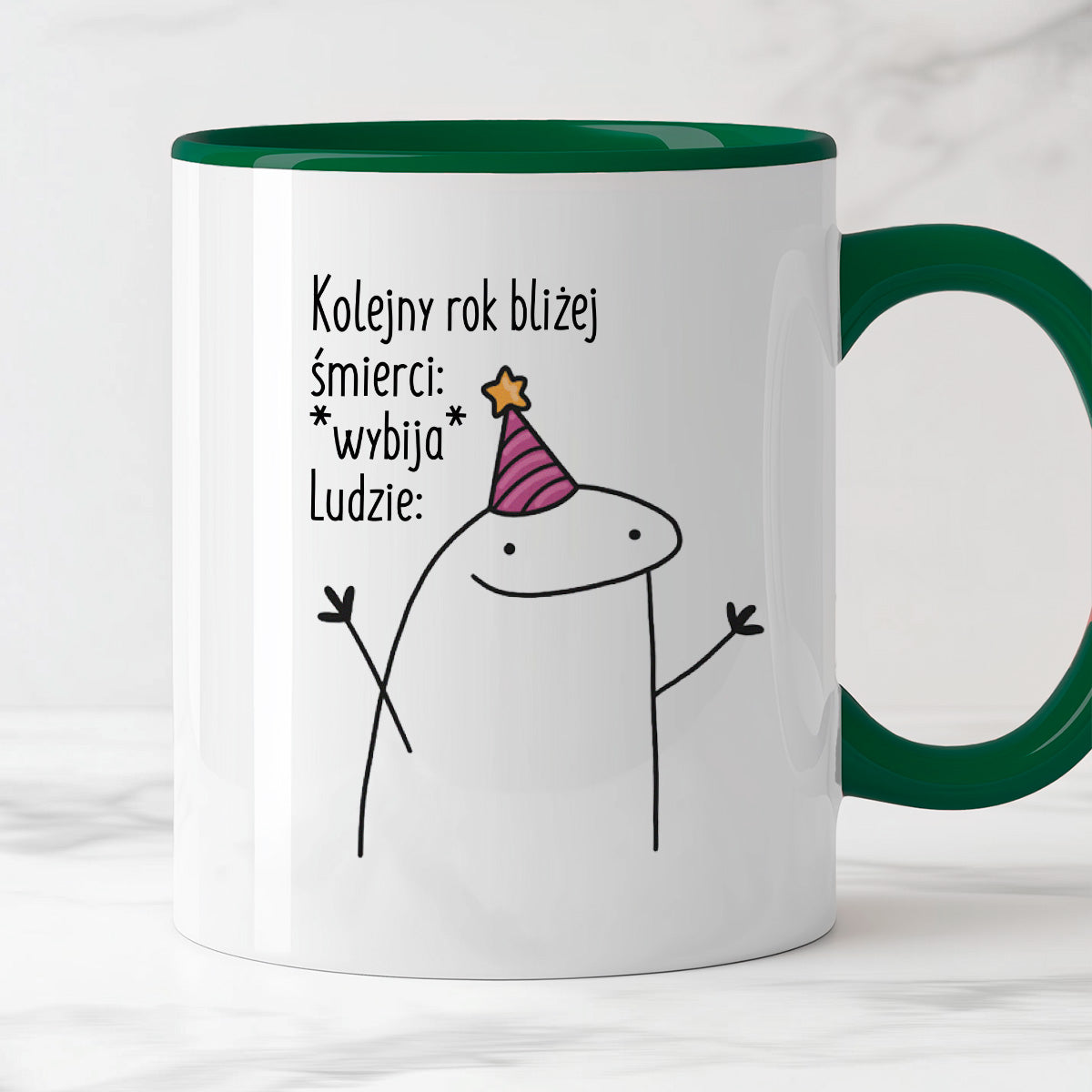 Kubek z nadrukiem "Kolejny rok bliżej śmierci: *wybija* Ludzie:"