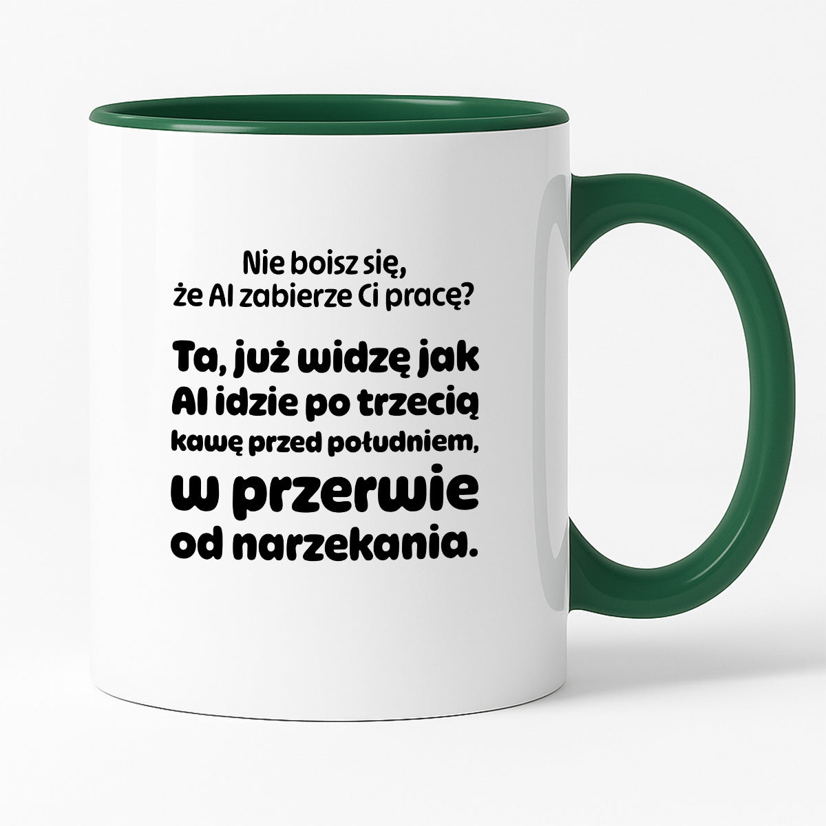 Kubek z nadrukiem - "Nie boisz się, że AI zabierze Ci pracę?"