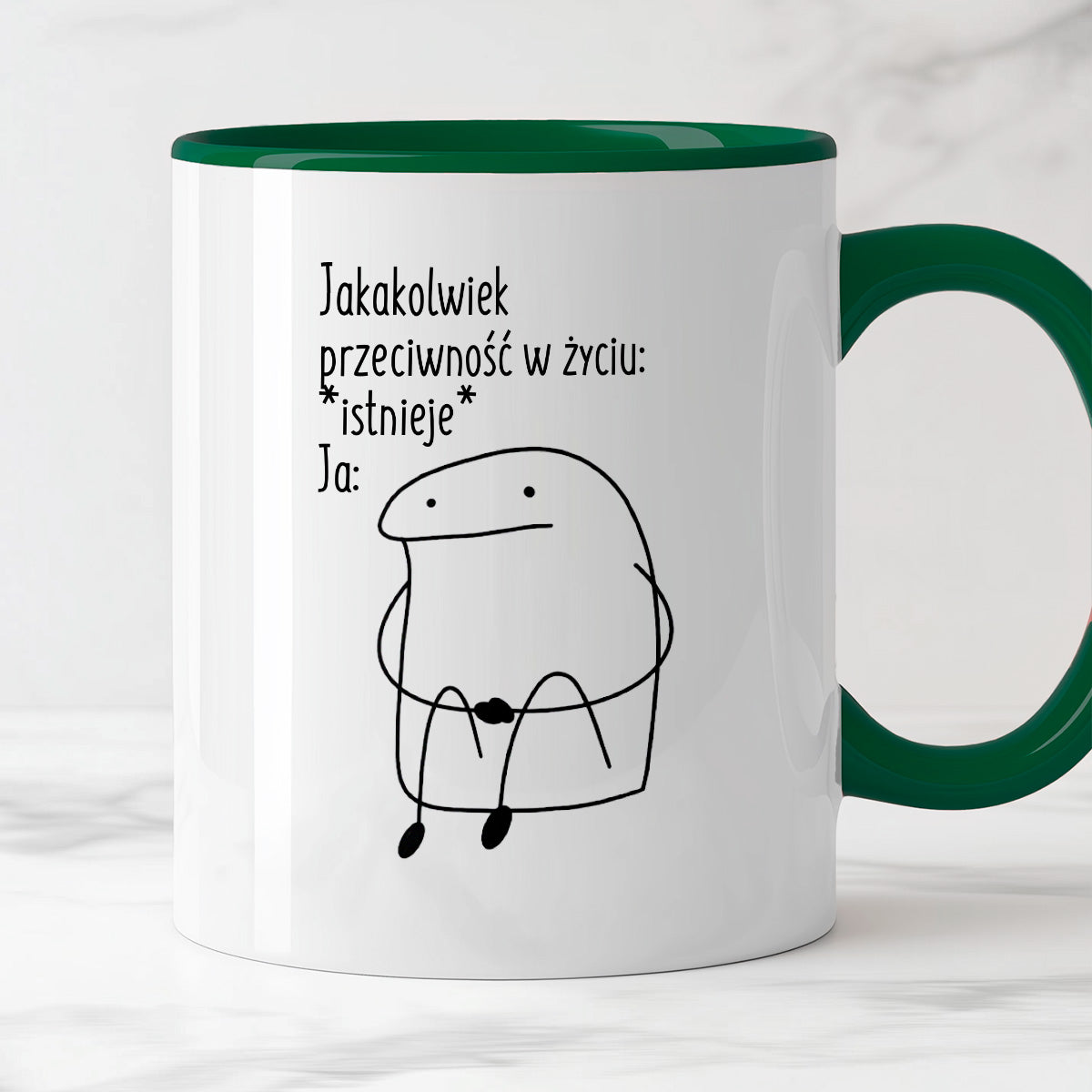 Kubek z nadrukiem "Jakakolwiek przeciwność w życiu: *istnieje* Ja:"