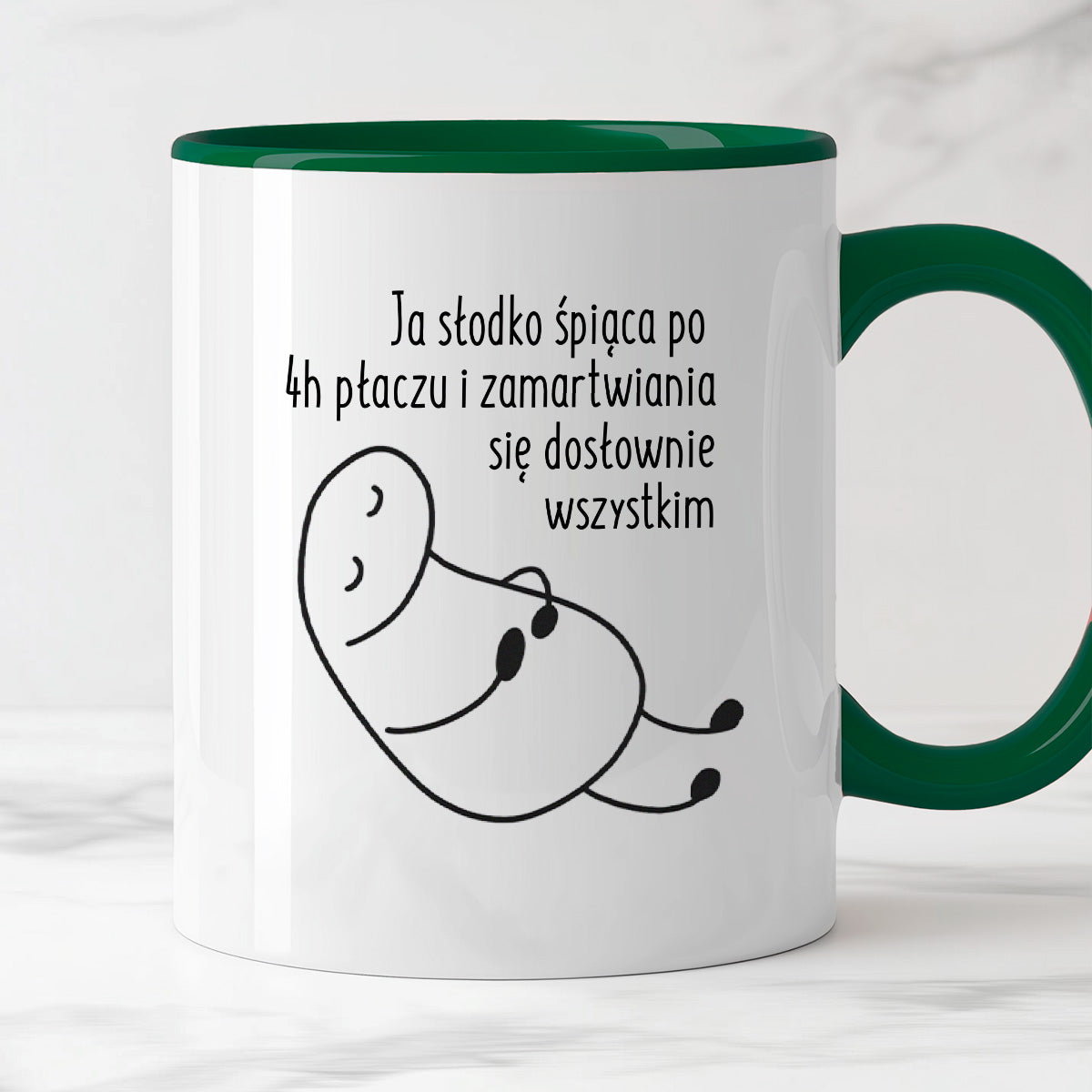 Kubek z nadrukiem "Ja słodko śpiąca po 4h płaczu i zamartwiania się dosłownie wszystkim"