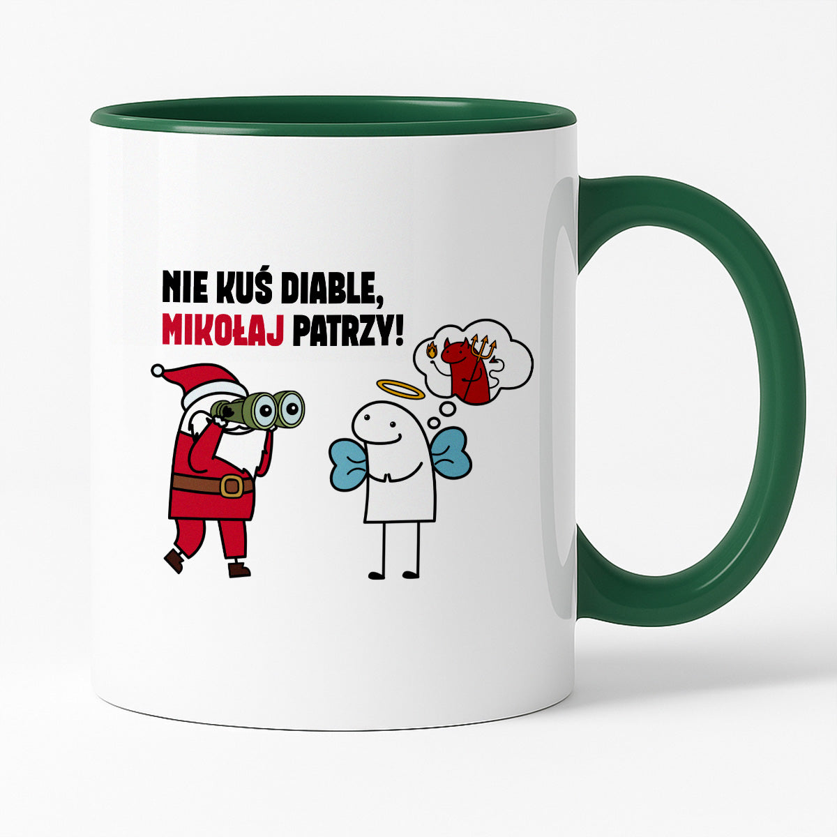 Kubek świąteczny mem "Nie kuś diable, Mikołaj patrzy"