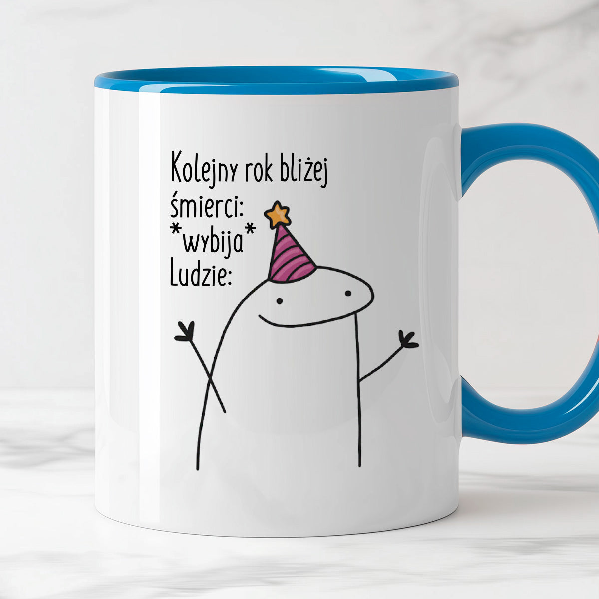 Kubek z nadrukiem "Kolejny rok bliżej śmierci: *wybija* Ludzie:"
