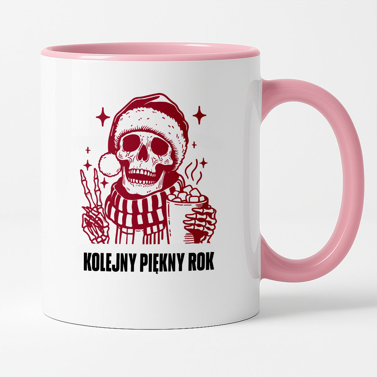 Kubek świąteczny z kościotrupem z gorącą czekoladą w ręku "Kolejny piękny rok"