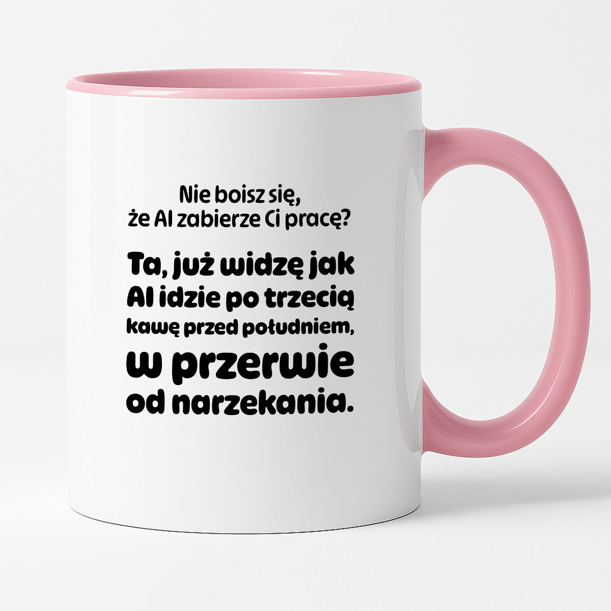 Kubek z nadrukiem - "Nie boisz się, że AI zabierze Ci pracę?"