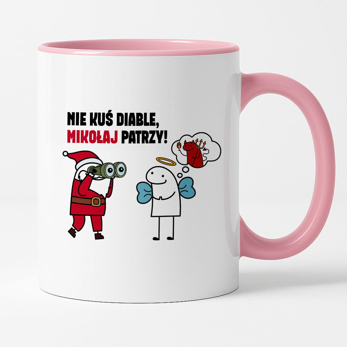 Kubek świąteczny mem "Nie kuś diable, Mikołaj patrzy"