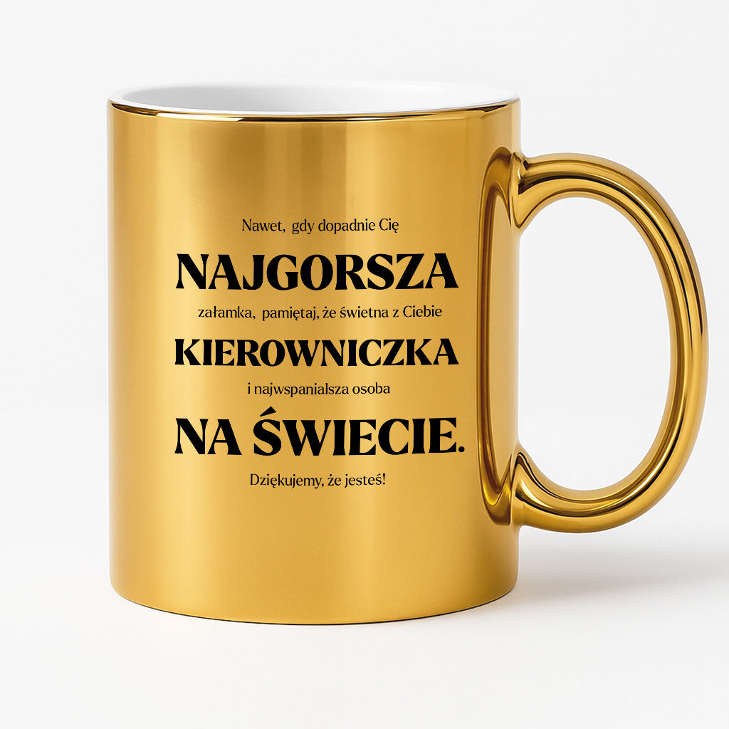 Kubek z nadrukiem - "NAJGORSZA KIEROWNICZKA NA ŚWIECIE (ale jednak nie 🥰)"