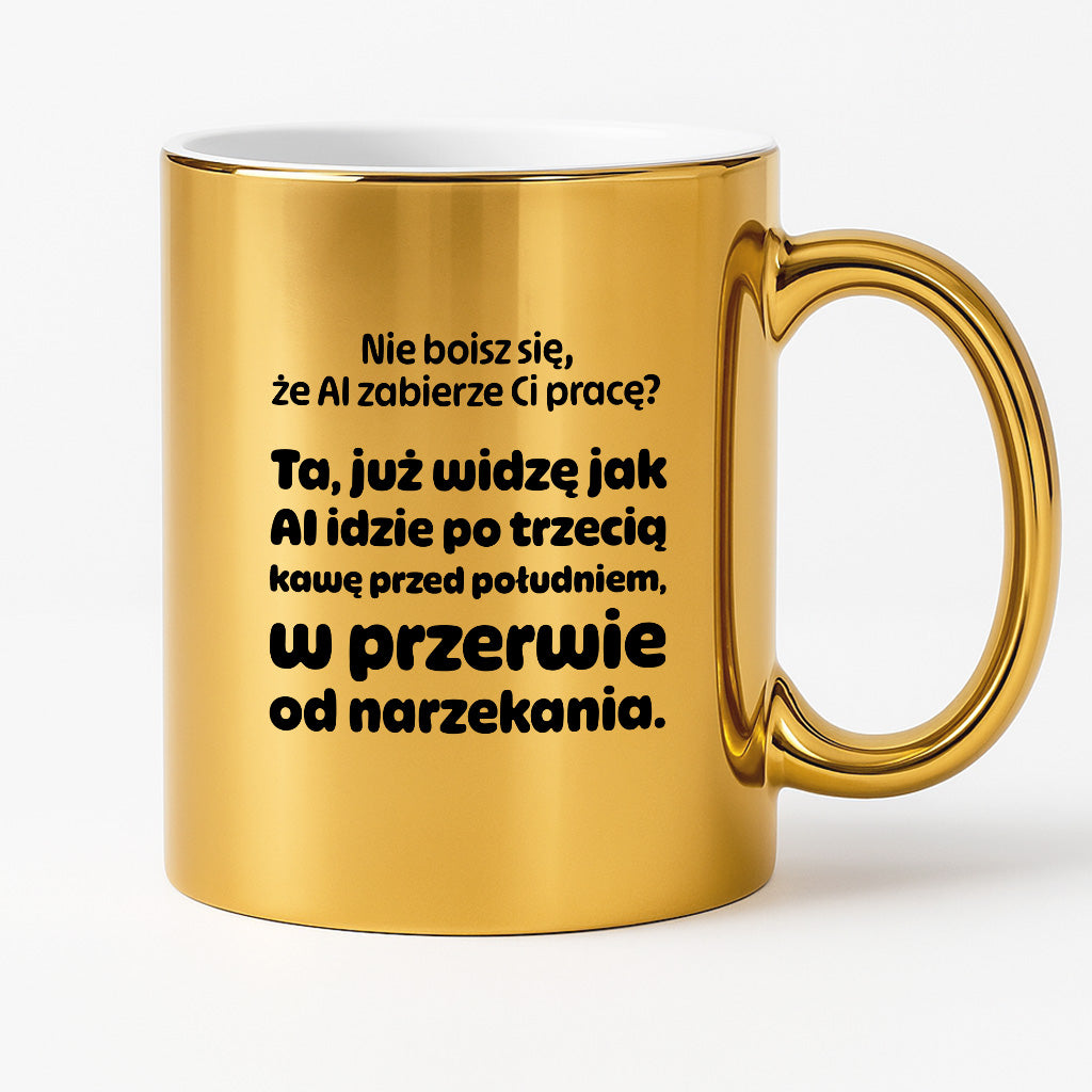 Kubek z nadrukiem - "Nie boisz się, że AI zabierze Ci pracę?"