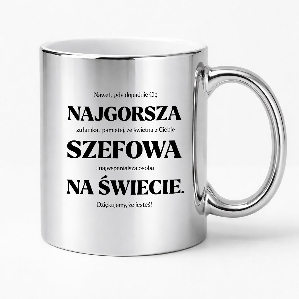 Kubek z nadrukiem - "NAJGORSZA SZEFOWA NA ŚWIECIE (ale jednak nie 🥰)"
