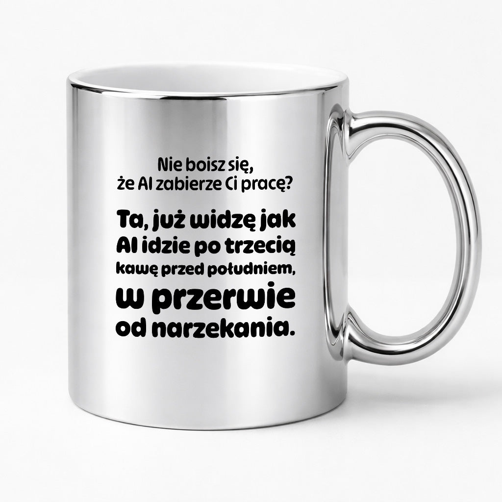 Kubek z nadrukiem - "Nie boisz się, że AI zabierze Ci pracę?"