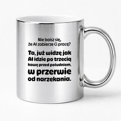 Kubek z nadrukiem - "Nie boisz się, że AI zabierze Ci pracę?"