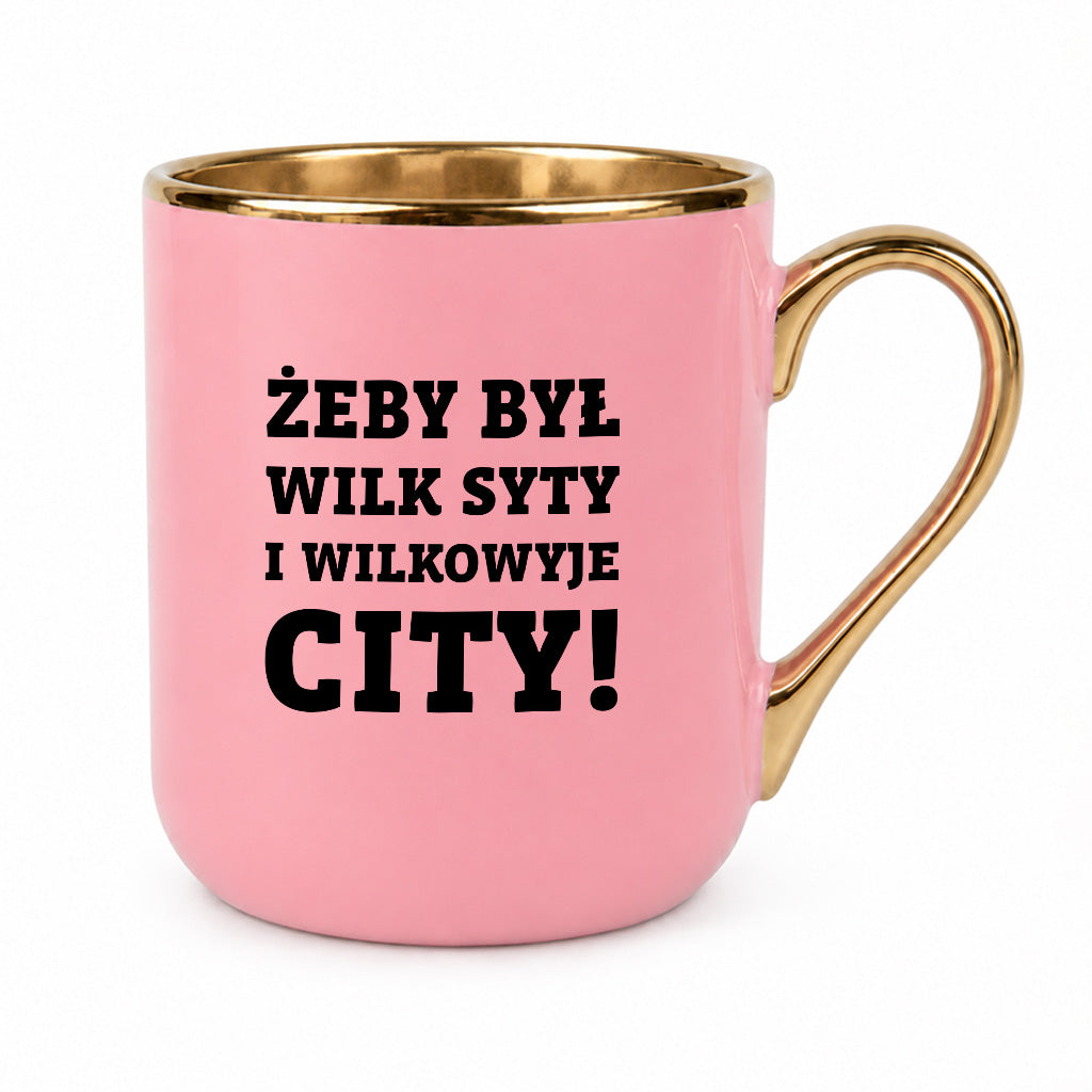 Kubek z nadrukiem - "Żeby był wilk syty i Wilkowyje City"