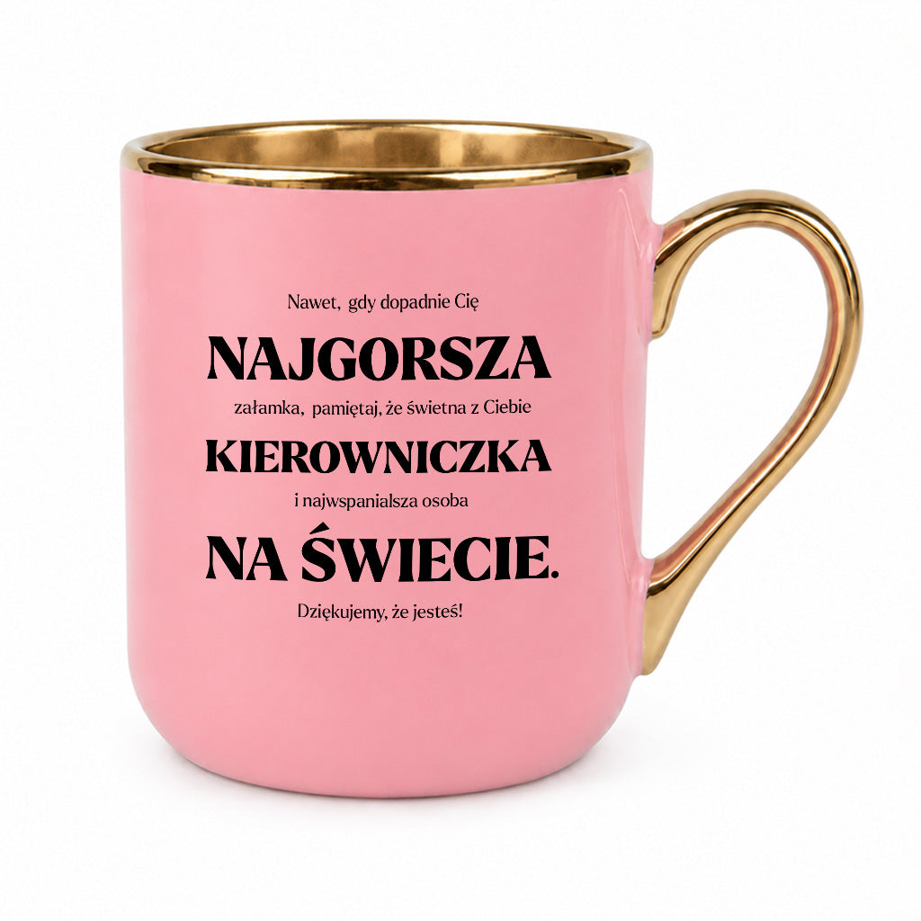 Kubek z nadrukiem - "NAJGORSZA KIEROWNICZKA NA ŚWIECIE (ale jednak nie 🥰)"