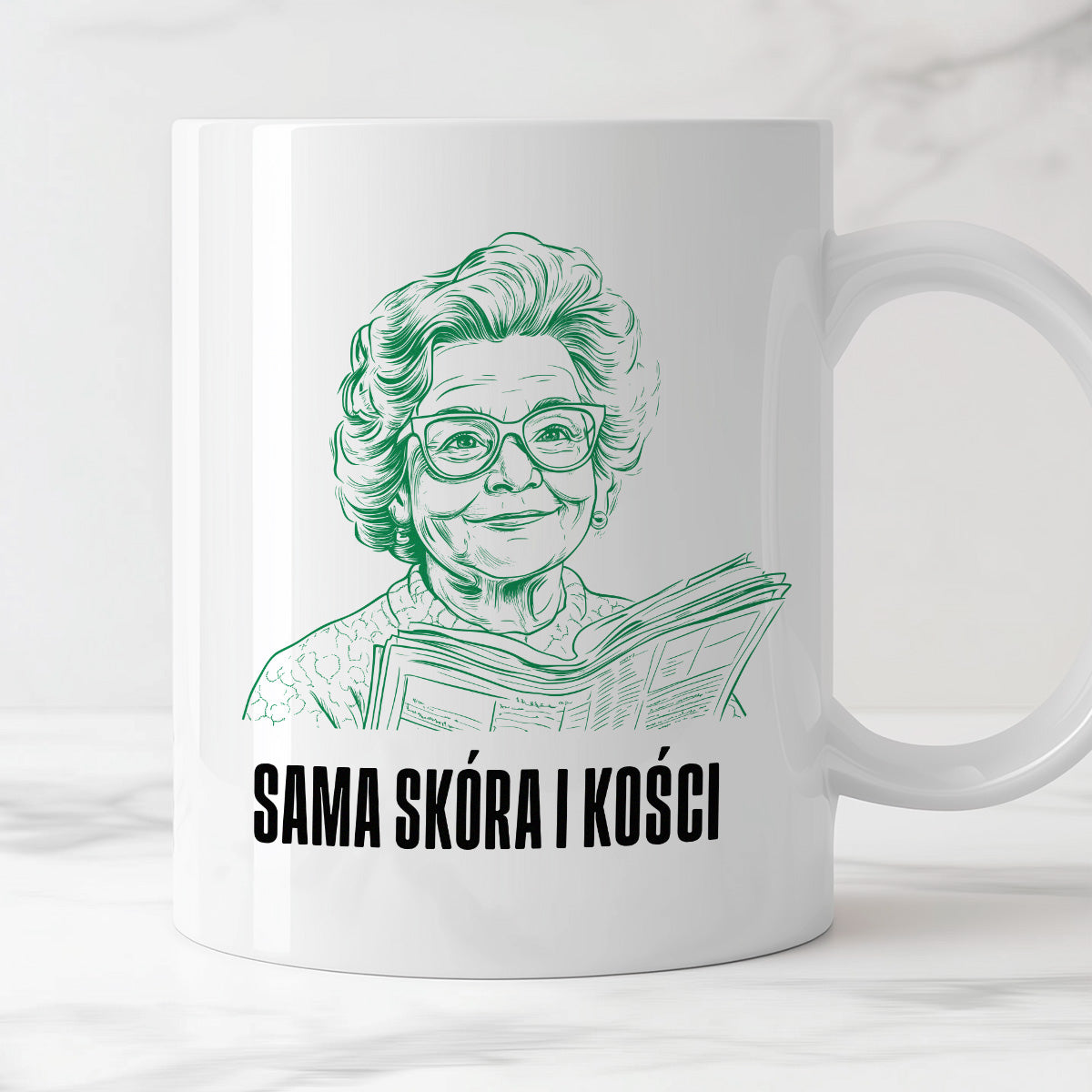 Kubek z cytatem Babci "Sama skóra i kości"