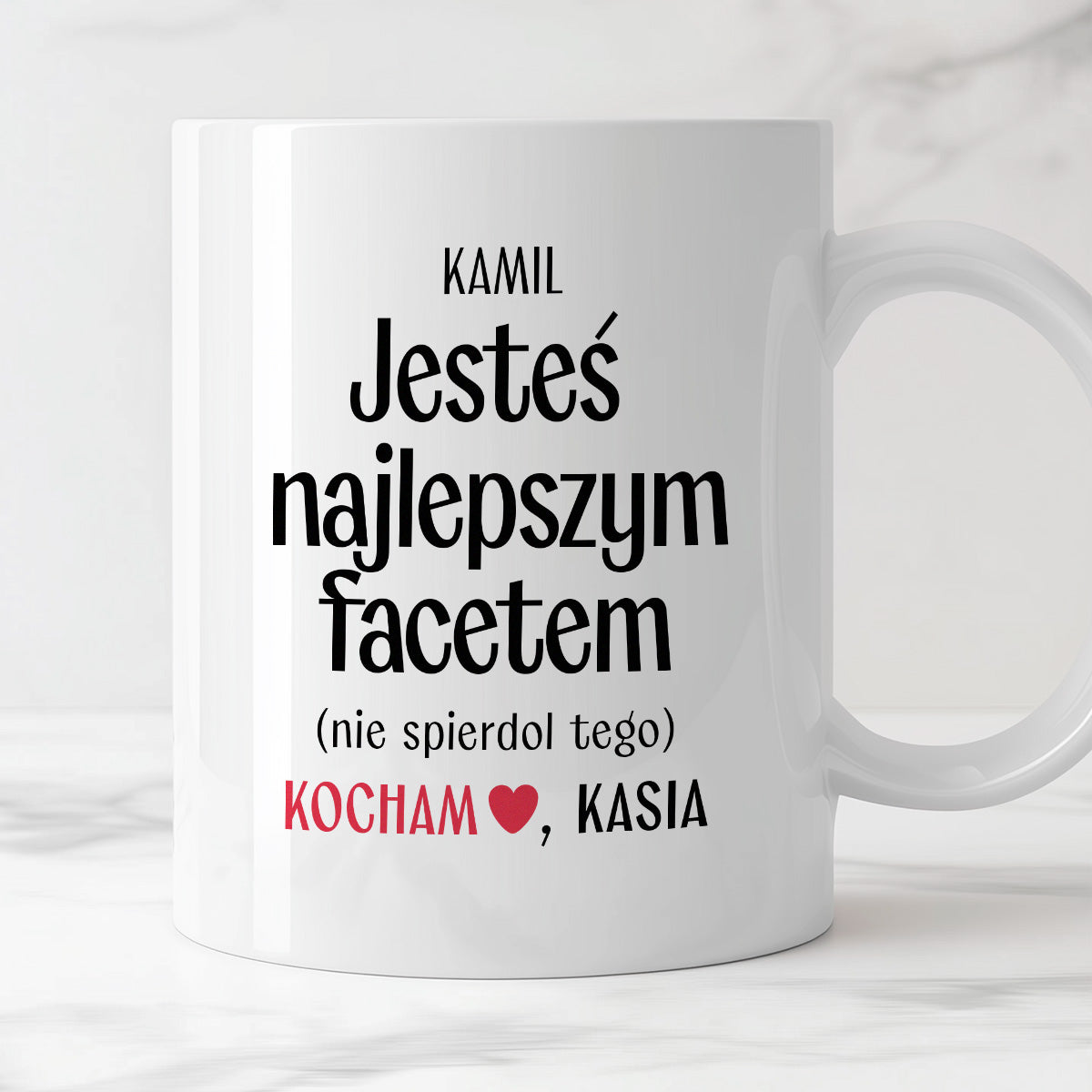 Kubek spersonalizowany z nadrukiem "Jesteś najlepszym facetem (nie spierdol tego)" [2 imiona] - WALENTYNKI