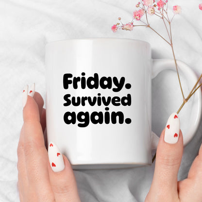 Kubek z nadrukiem "Friday. Survived again"