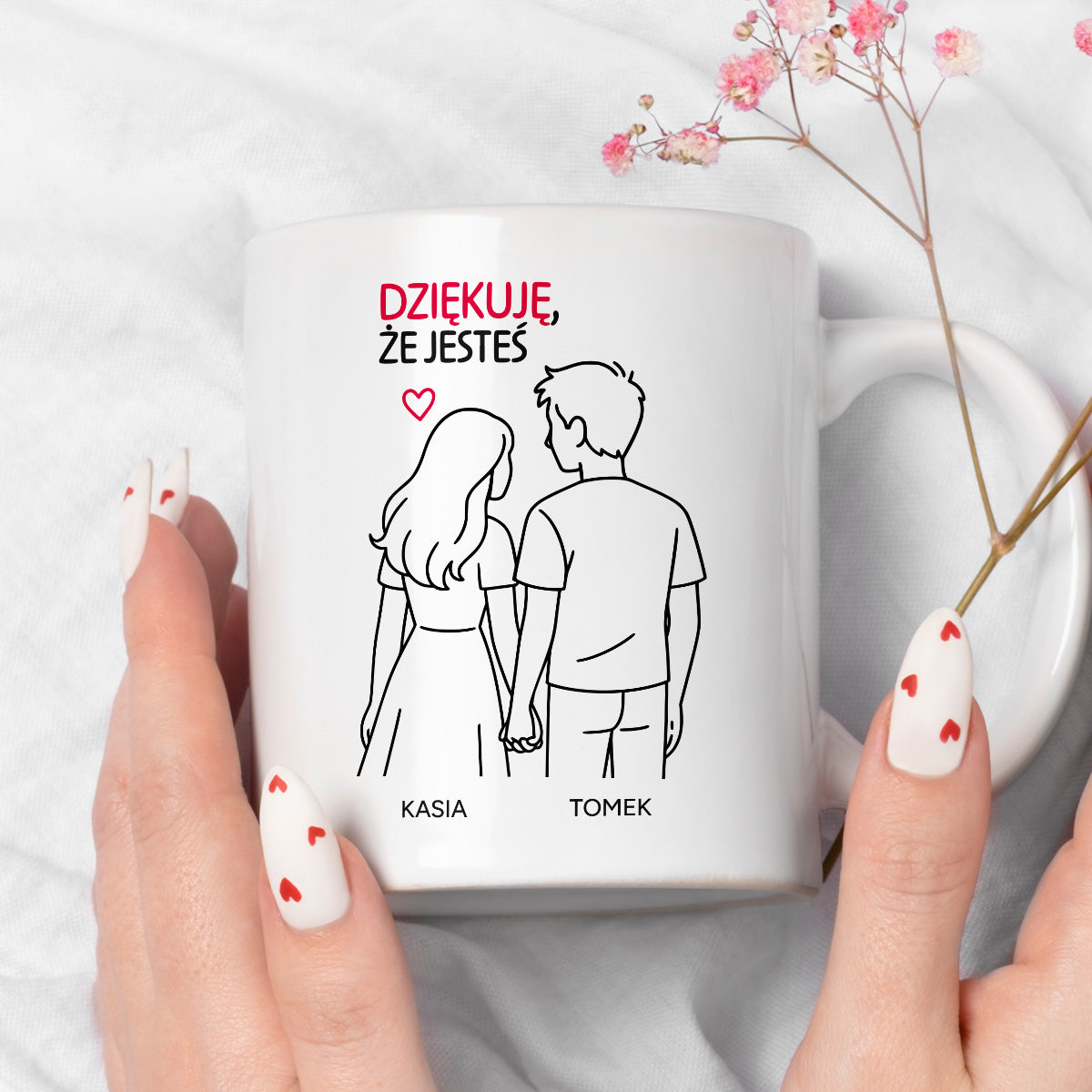 Kubek spersonalizowany z nadrukiem - "Dziękuję, że jesteś" z IMIONAMI