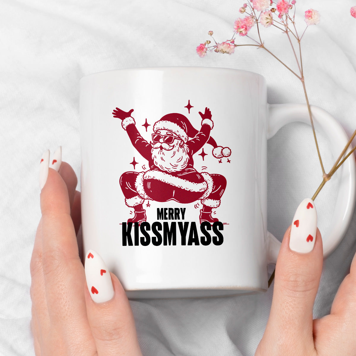 Kubek świąteczny z ✨slay✨ Mikołajem "Merry kissmyass"
