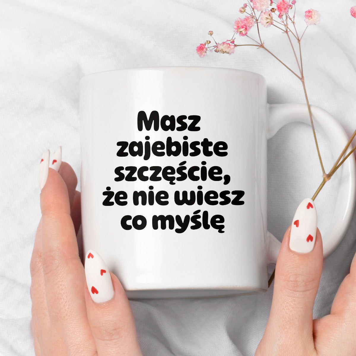 Kubek z nadrukiem - "Masz zajebiste szczęście, że nie wiesz co myślę"