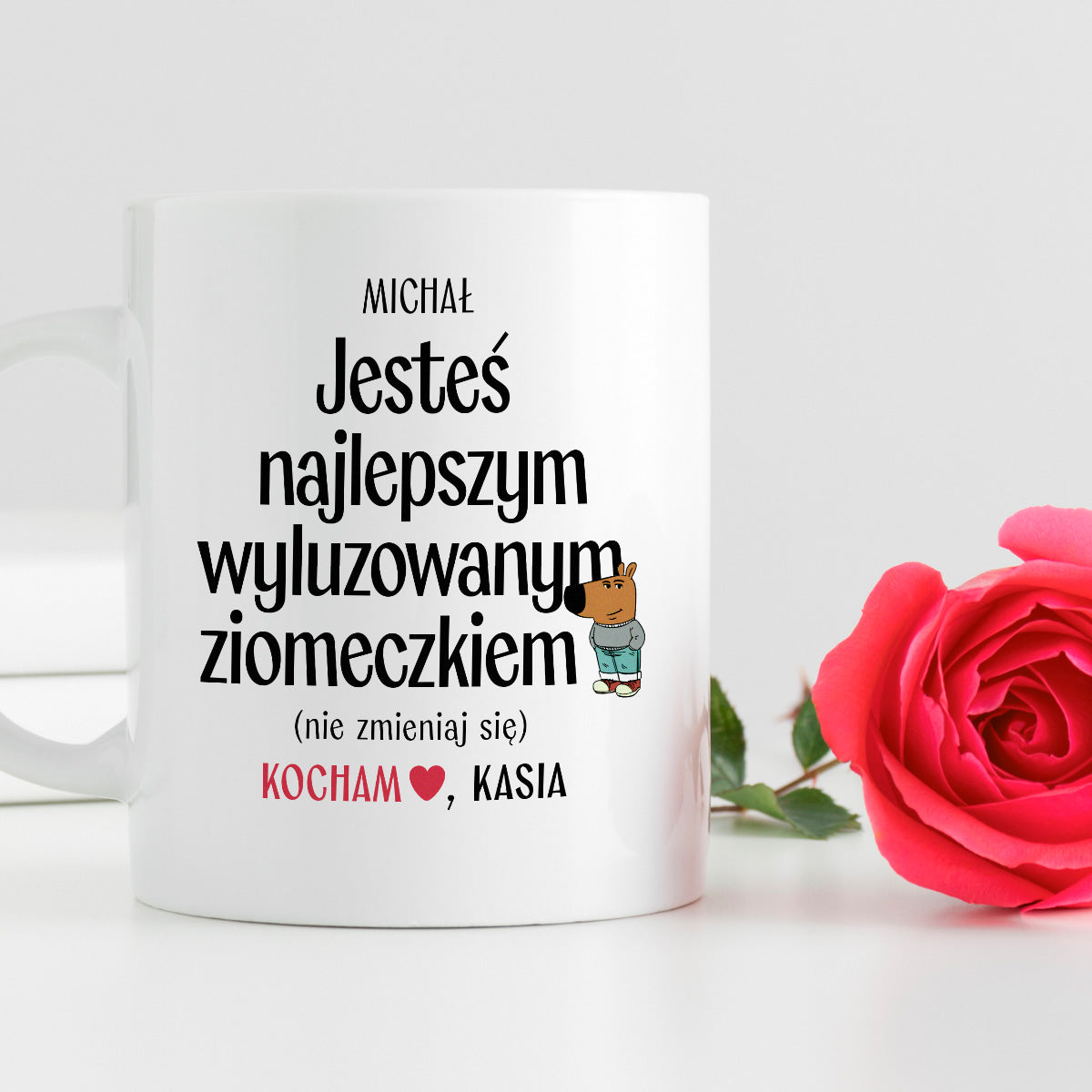 Kubek spersonalizowany z nadrukiem "Jesteś najlepszym wyluzowanym ziomeczkiem (nie zmieniaj się)" [2 imiona] - WALENTYNKI